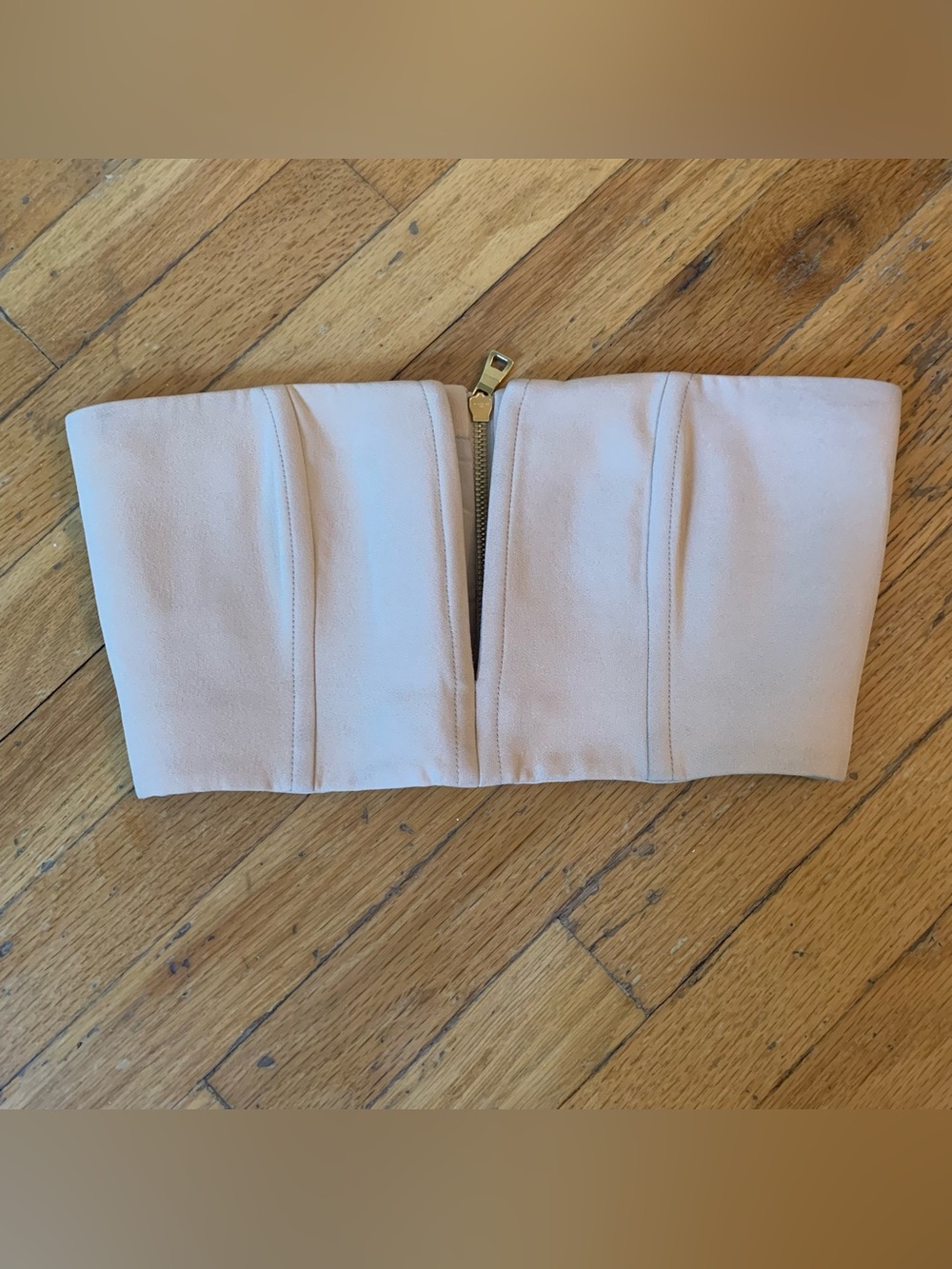Balmain Paris deep v beige pink corset strapless top with gold zipper